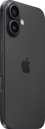 Black iPhone 16, as seen from the back at an angle.