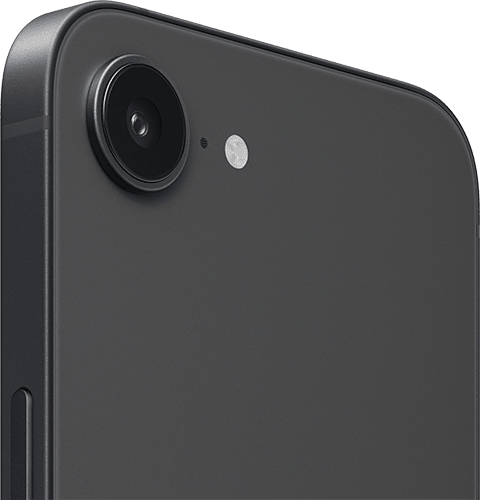 Close-up of the camera lens on the back of a black iPhone 16e, seen from an angle.