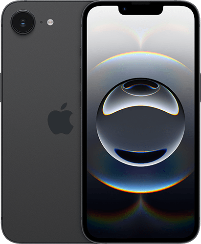 Black iPhone 16e, as seen from the front and back.
