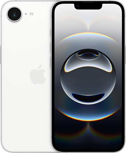 White iPhone 16e, as seen from the front and back.